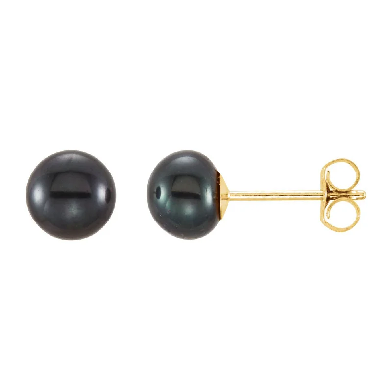 trendy statement earrings -14K Yellow Gold Black Freshwater Cultured Pearl Stud Earrings