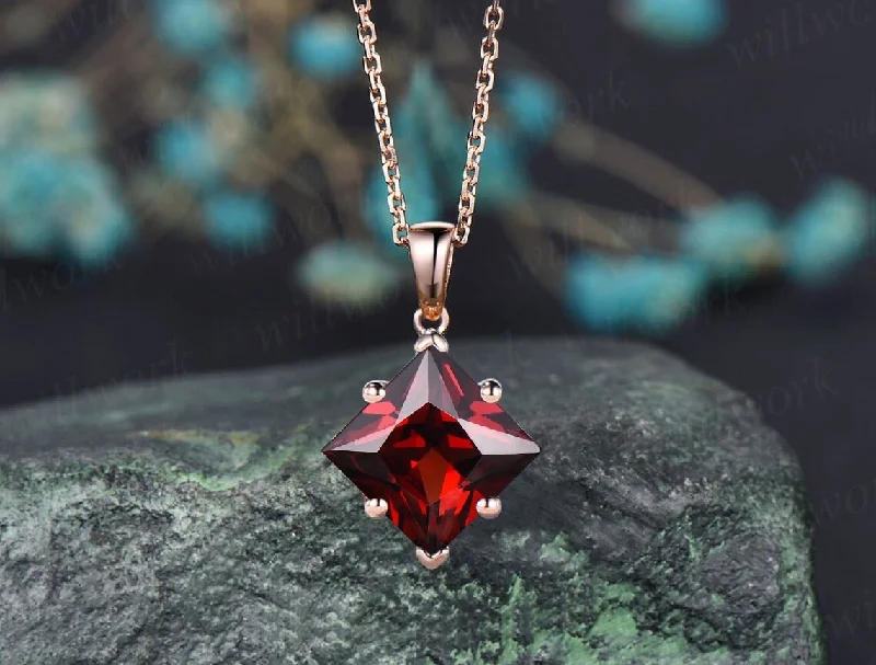 trendy gold necklaces for women -Princess cut red garnet necklace rose gold vintage unique Personalized Solitaire pendant women her gemstone anniversary bridal gift mother