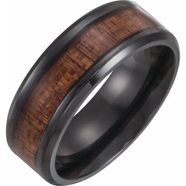 trendy gold necklaces for women -Black Titanium 8 mm Beveled-Edge Comfort-Fit Band with Hawaiian Koa Wood Inlay