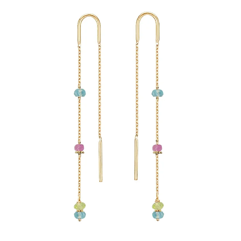 stud earrings for women -Boho Threader Earrings Apatite, Pink Sapphire and Peridot - 18k Gold - Limited Edition