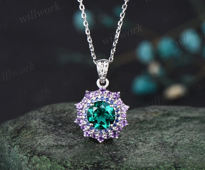 choker necklaces for women -Round green emerald Necklace white gold snowdrift double halo sapphire amethyst Pendant May birthstone anniversary gift