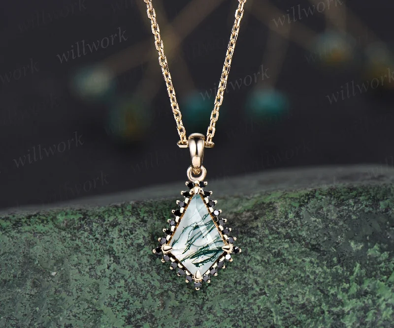 gemstone pendant necklaces -Unique kite cut green moss agate necklace solid 14k 18k yellow gold halo black diamond pendant for women mother promise anniversary gift