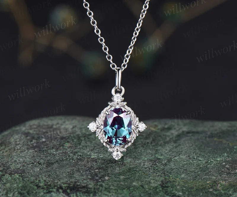 bohemian necklaces for women -Oval alexandrite nature inspired leaf pendant necklace art deco moissanites diamonds necklace dainty sterling silver necklace for women gifts for her