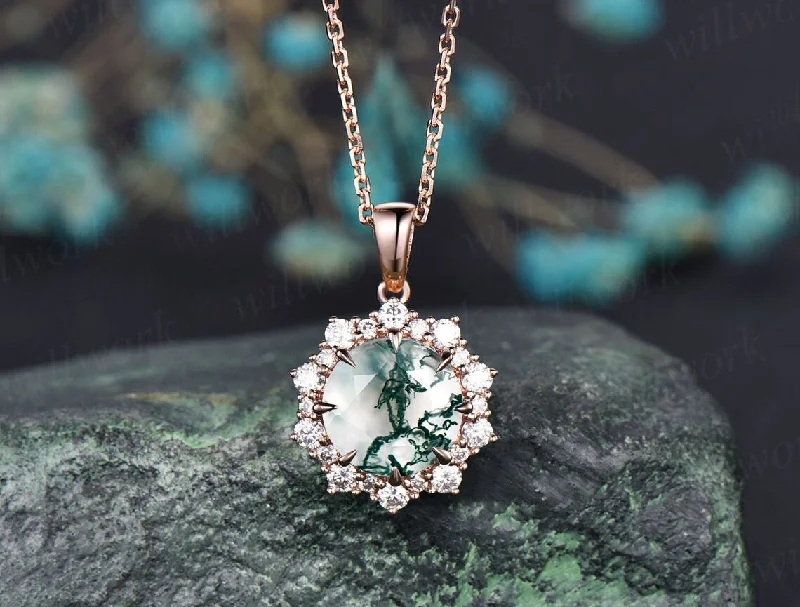 statement necklaces for women -Round 2ct moss agate necklace solid 14k 18k rose gold vintage unique halo snowdrift diamond pendant for women anniversary bridal gift silver