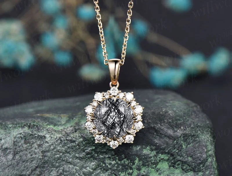 antique-style necklaces for women -Round black rutilated quartz necklace solid 14k 18k gold vintage unique halo snowdrift diamond pendant women gemstone anniversary gift