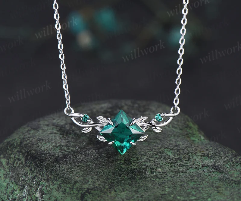 personalized pendant necklaces -Princess cut emerald leaf necklace 14k white gold Nature Inspired infinity Pendant women three stone anniversary gift