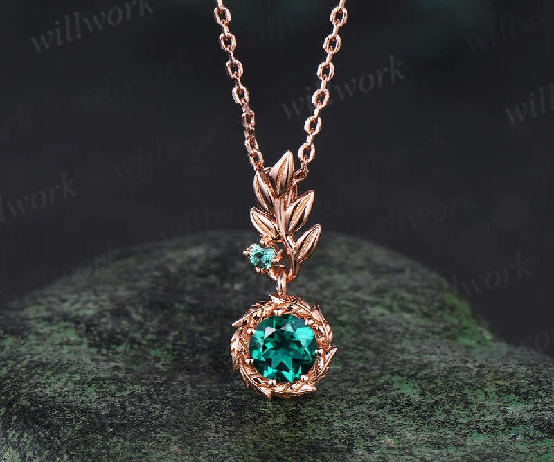 luxury pendant necklaces for women -Rose Gold Leaf Necklace Nature Inspired Round Emerald Pendant Olive Leaf Branch Bridal Necklace May Birthstone Necklace Promise Gift for Her