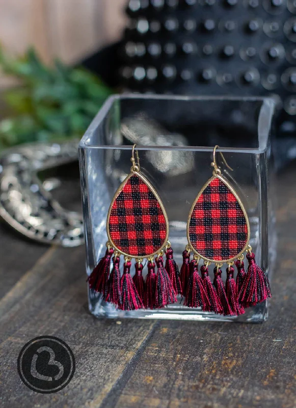 minimalist stud earrings -Tassel Me Plaid Earrings in Black and Red