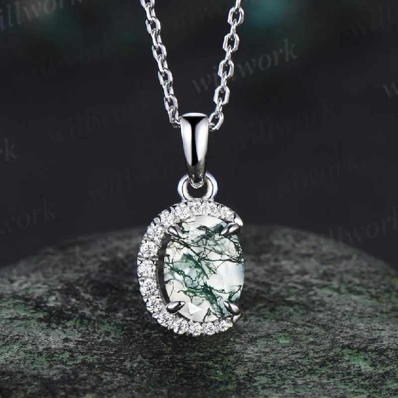 zodiac necklaces for women -Vintage oval cut moss agate necklace 14k rose gold Personalized half moon halo diamond unique Pendant women wedding anniversary gift