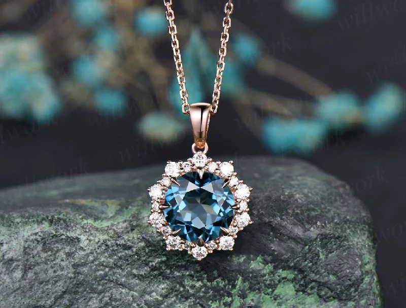 layered necklaces for women -Round London blue topaz necklace vintage solid 14k 18k rose gold halo snowdrift diamond pendant November birthstone jewelry women her gift