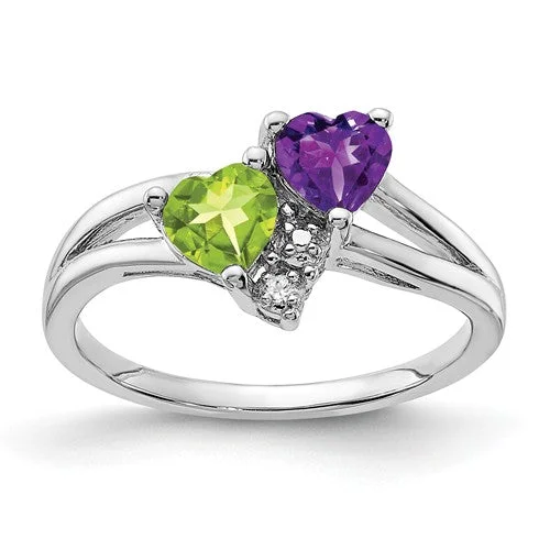 custom birthstone necklaces -Sterling Silver Amethyst Peridot Double Heart and Diamond Accent Ring