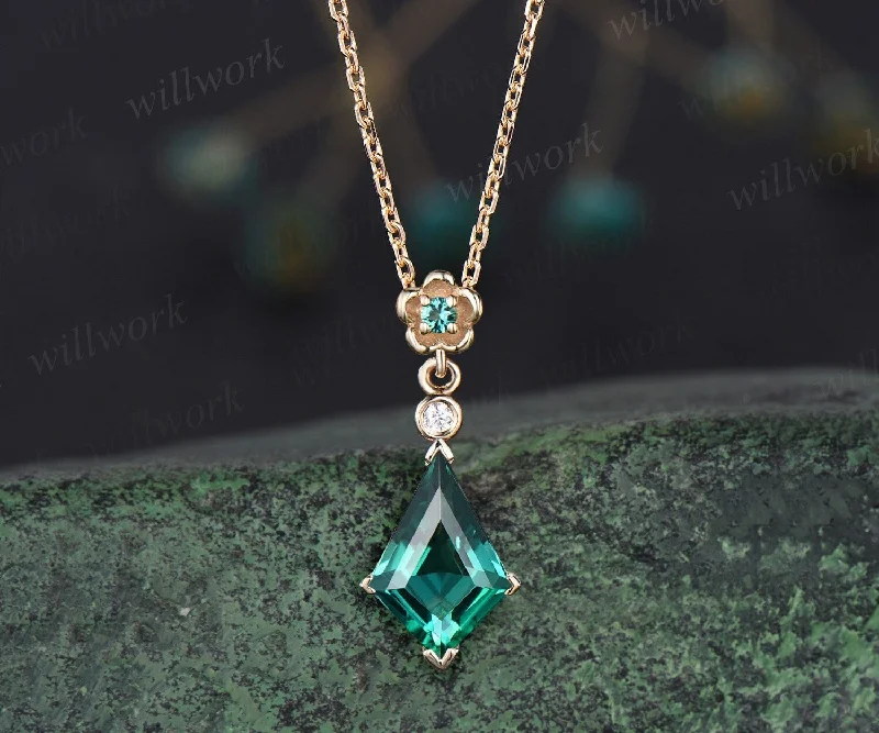 customized necklaces for women -Kite cut green moss agate necklace solid 14k 18k yellow gold bezel diamond floral pendant women her anniversary bridal gift mother jewelry