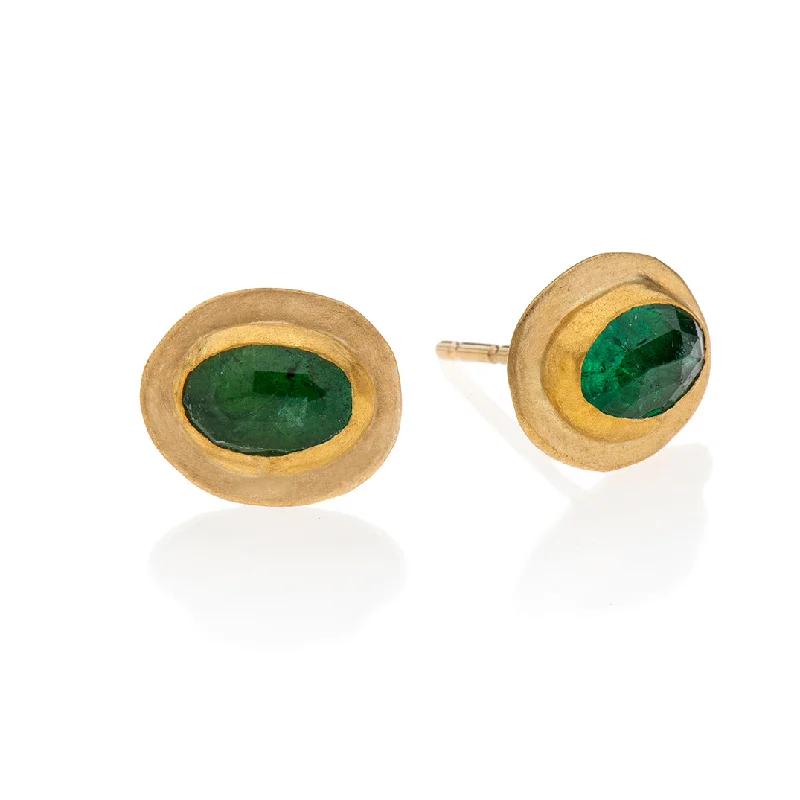 sterling silver hoop earrings -Nava Zahavi Yellow Gold Oval Emerald Stud Earrings