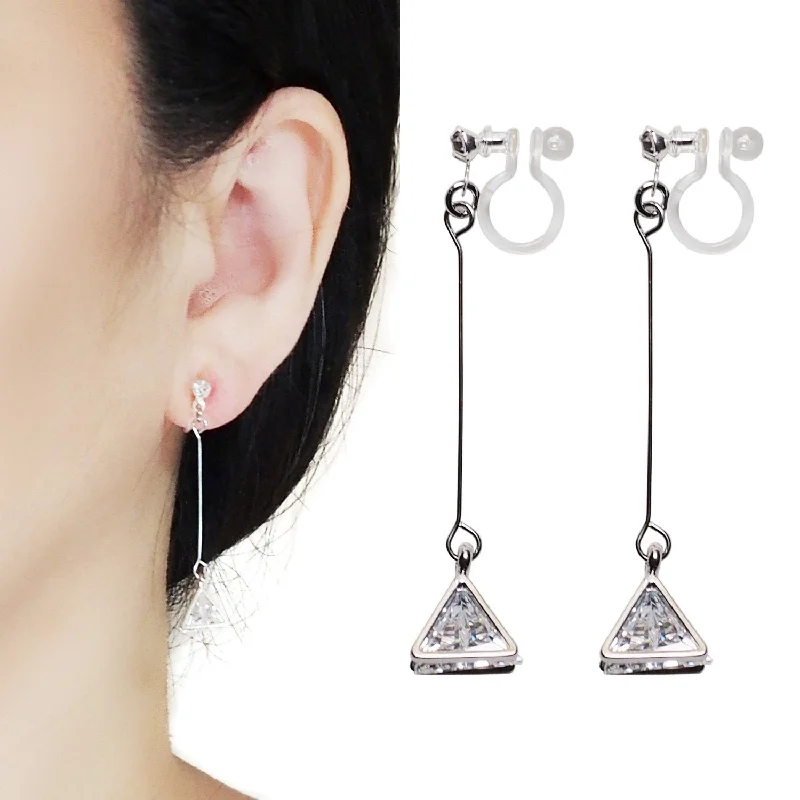 wedding earrings for women -Dangle Silver Triangle Cubic Zirconia Crystal Invisible Clip On Earrings