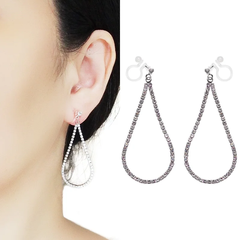 luxury crystal earrings for women -Dangle Silver Teardrop Rihnestone Crystal Invisible Clip On Earrings