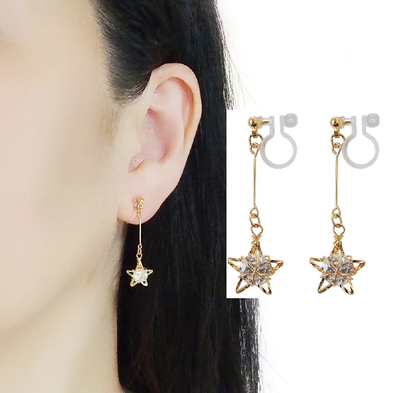 round earrings for women -Dangle Gold Star & CZ Crystal Invisible Clip On Earrings