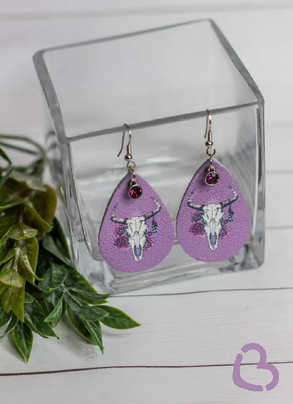 crystal stud earrings for women -Lilac Bull Skull Leather Drop Earrings