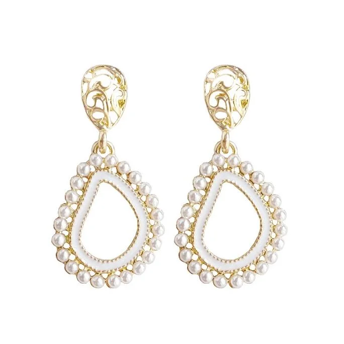 stackable earrings for women -Dangle Teardrop White Pearl Invisible Clip On Earrings