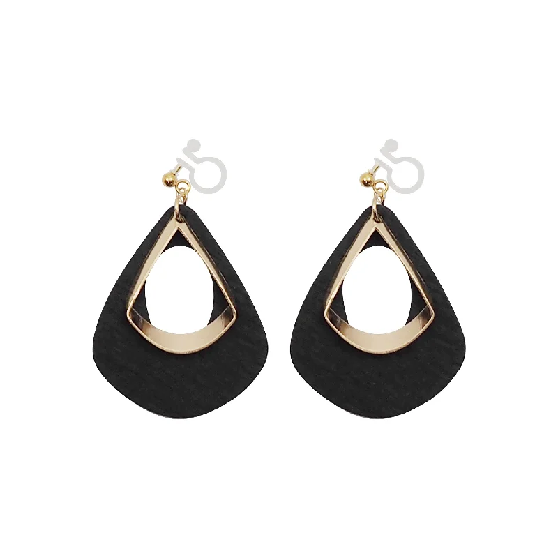 unique stud earrings for women -Black Teardrop Wood Hoop Invisible Clip On Earrings