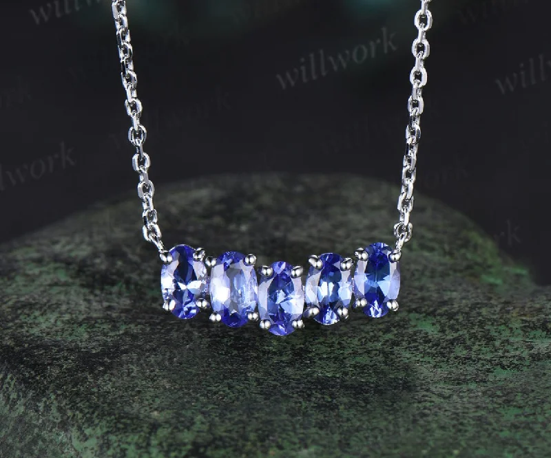 diamond necklaces for women -Five stone oval natural Tanzanite necklace solid 14k white gold Pendant For Women Anniversary Gifts