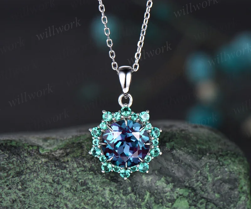 bohemian necklaces for women -Vintage round alexandrite necklace 8 prong snowdrift halo emerald pendant for women solid 14k white gold June birthstone gift for her