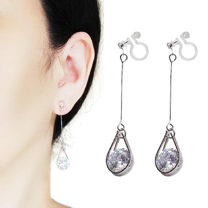 silver charm earrings for women -Dangle Silver Teardrop Cubic Zirconia Crystal Invisible Clip On Earrings