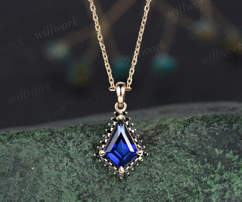 trendy chain necklaces for women -Unique kite cut blue sapphire necklace solid 14k 18k yellow gold halo black diamond pendant women gemstone mother promise anniversary gift