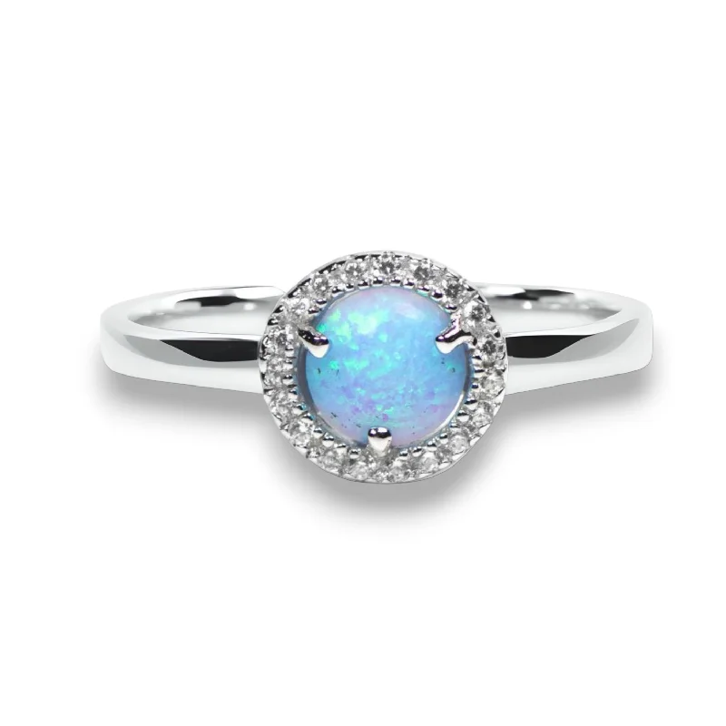 sterling silver necklaces for women -Sterling Silver Light Blue Opal and CZ Halo Ring