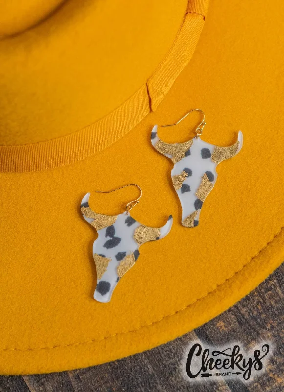 oversized earrings for women -Gold Speck Bull Skull Earrings