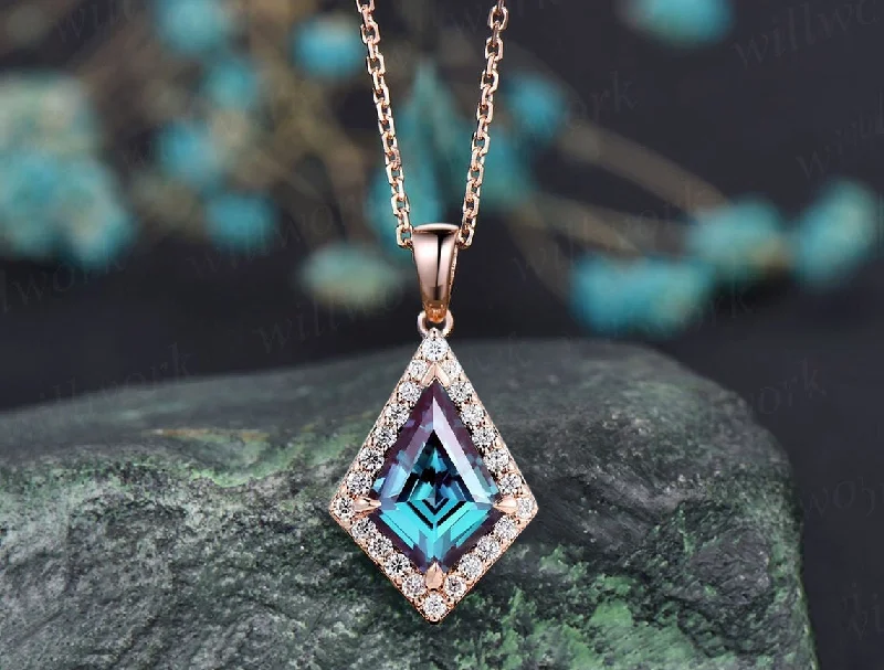 boho necklaces for women -Vintage kite cut Alexandrite necklace 14k rose gold June birthstone dainty halo moissanite diamond pendant gift for women jewelry