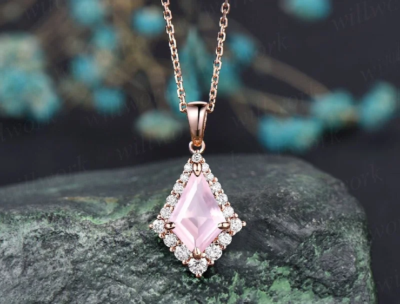 long necklaces for women -Kite cut rose quartz necklace unique halo snowdrift moissanite necklace pendant rose gold women mother bridal promise anniversary gift