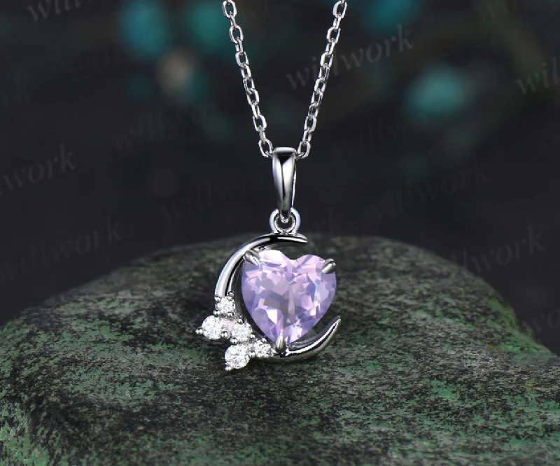 casual necklaces for women -Vintage heart shaped Lavender Amethyst necklace white gold cluster moon snowdrift diamond pendant women February birthstone anniversary gift