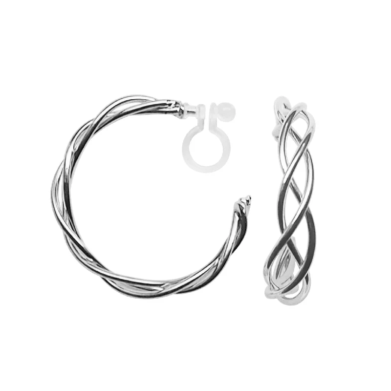 vintage-style earrings for women -Silver Woven Invisible Clip On Hoop Earrings