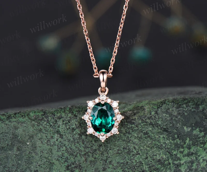 diamond-encrusted necklaces for women -Vintage oval green emerald necklace solid 14k 18k rose gold halo snowdrift diamond pendant women May birthstone anniversary gift jewelry