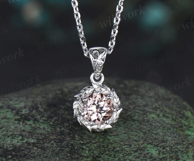 handmade silver necklaces for women -Round cut morganite necklace 14k white gold halo vintage leaf Solitaire pendant women unique anniversary bridal gift mother