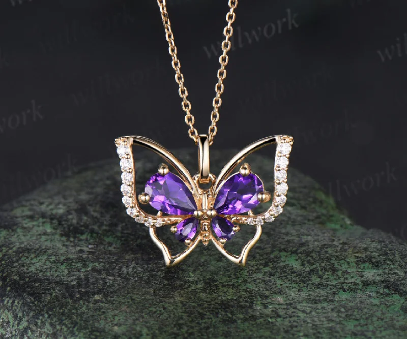 infinity pendant necklaces -Teardrop pear Amethyst Butterfly Necklace Vintage 14K yellow Gold Vintage Purple Crystal Pendant Unique February Birthstone Gifts For Daughter