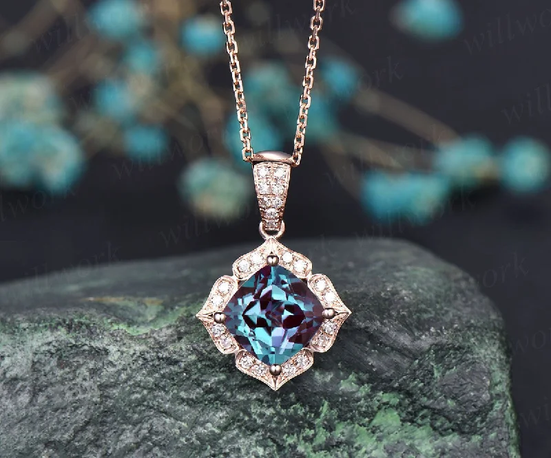 birthstone necklaces for gifts -Cushion cut Alexandrite necklace solid 14k 18K rose gold floral halo diamond pendant women antique anniversary gift color change gemstone