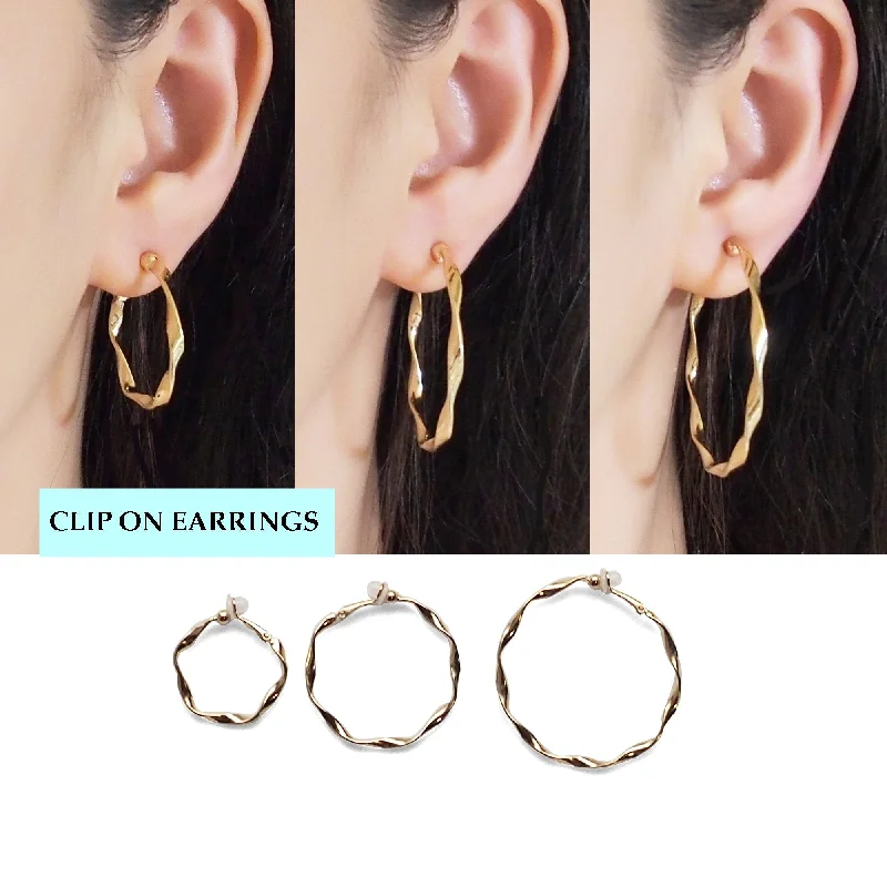 trendy earrings for women -Gold Twisted Clip On Hoop Earrings