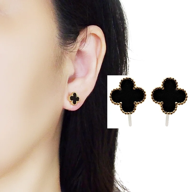 classic pearl earrings for women -Black Clover Invisible Clip On Stud Earrings ( Gold tone )