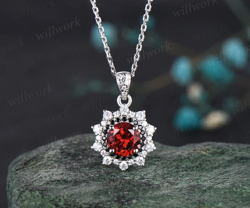 nature-inspired necklaces for women -Unique Round Cut Natural Garnet Necklace Minimalist Double Halo Moissanite Black Spinel Diamond Pendant 14k White Gold January Birthstone Jewelry