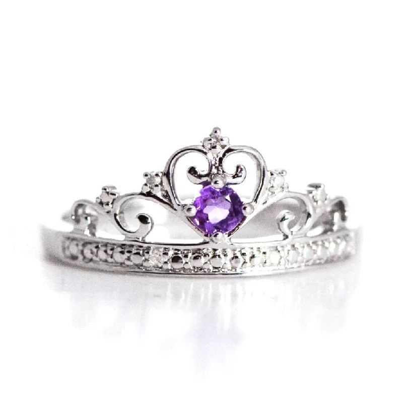 silver necklaces for women -Sterling Silver Genuine Amethyst and Diamond Princess Crown Ring