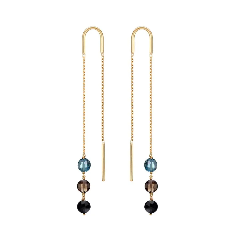 sterling silver hoop earrings -Long Trio Threader Earrings 18k Gold Smoky Quartz Black Spinel Blue Topaz