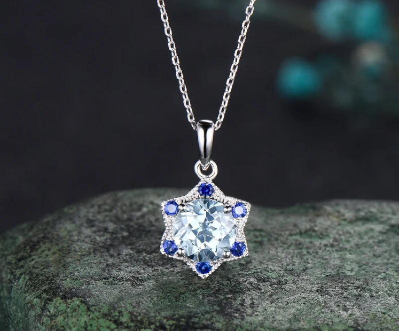 chunky necklaces for women -Unique Round Cut aquamarine Necklace Minimalist hexagram Halo Blue Sapphire Pendant 14k White Gold Bridal Jewelry Christmas Snow gift