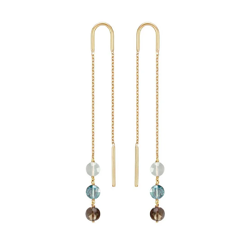 bohemian earrings for women -Long Trio Threader Earrings 18k gold Blue Topaz Moonstone Smoky Quartz