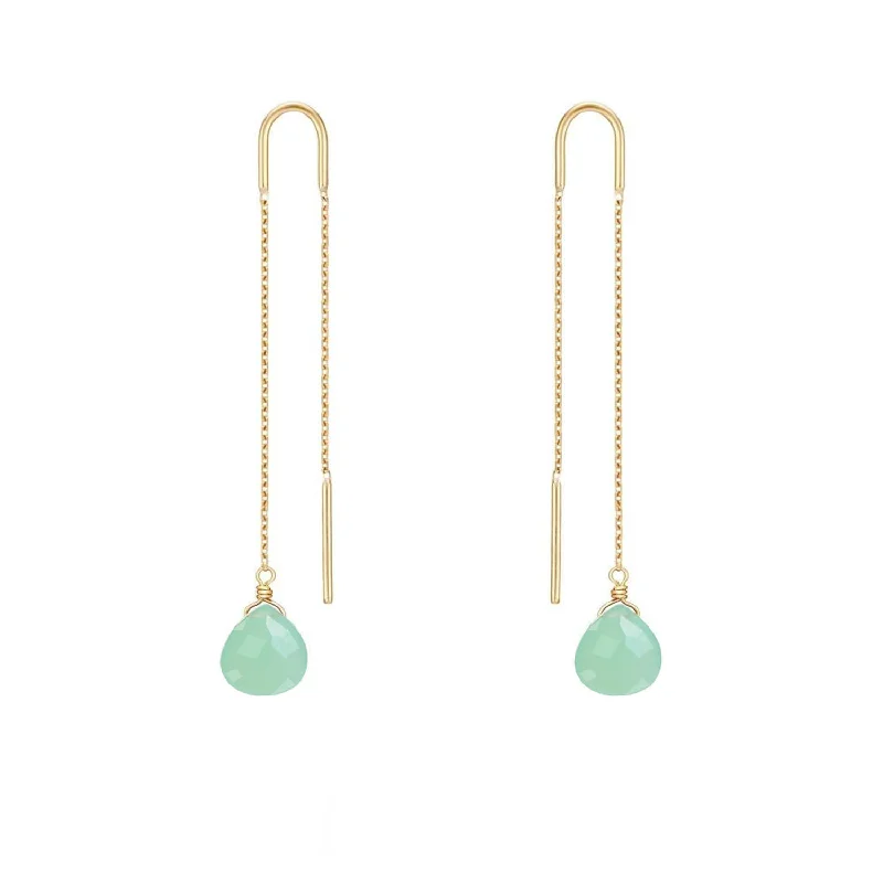 minimalist earrings for women -Drop Threader Earrings Chrysoprase - 18k Gold