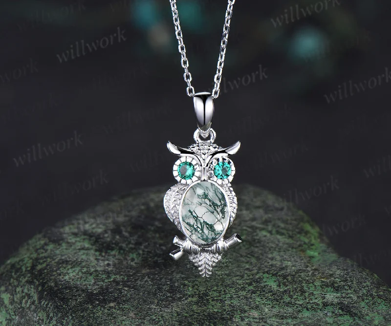 delicate gold necklaces for women -Unique Owl Moss Agate Necklace Personalized Pendant Necklace 14k 18k White Gold Emerald Pendant Night Owl Animal Inspired Promise Gift