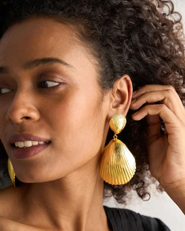 modern earrings for women -Fan Shell Earrings - Gold