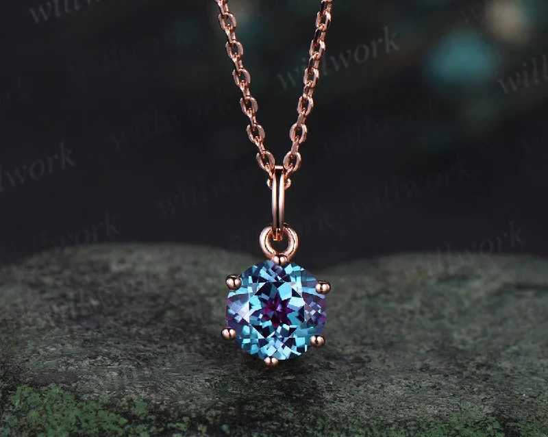 modern necklaces for women -Round Cut Alexandrite Necklace Solid 14k 18k Rose Gold Vintage Unique Personalized 6 Prong Pendant For Women Her Gemstone Anniversary Bridal Gift Mother