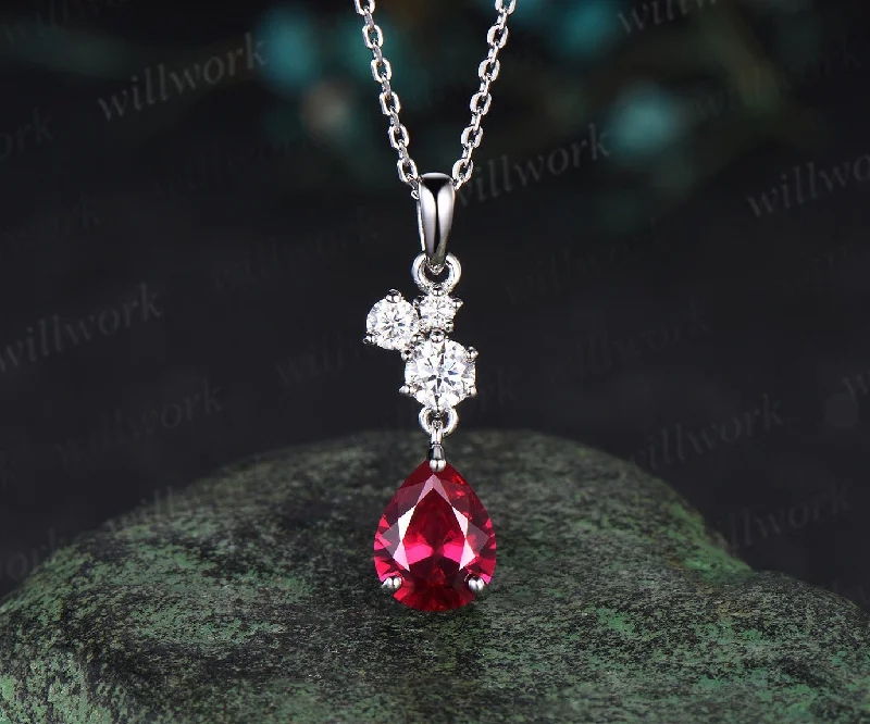 trendy necklaces for women -Vintage Pear Cut July Birthstone Ruby Necklace Minimalist Moissanite Cluster Dangle Necklace Delicate 14k White Gold Ruby Birthday Pendant