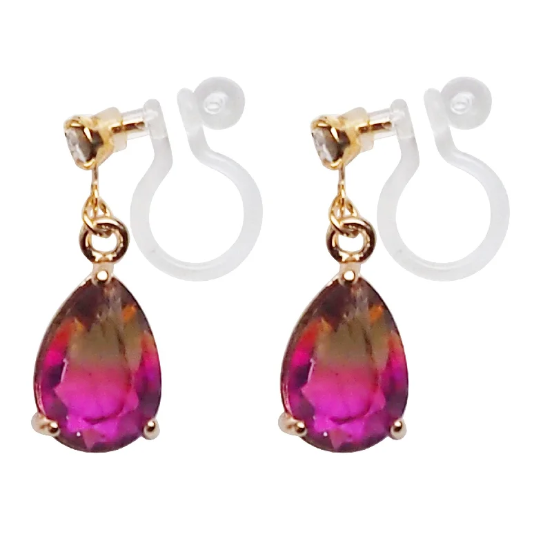 glamorous earrings for women -Yellow & Pink Teardrop Crystal Invisible Clip On Earrings